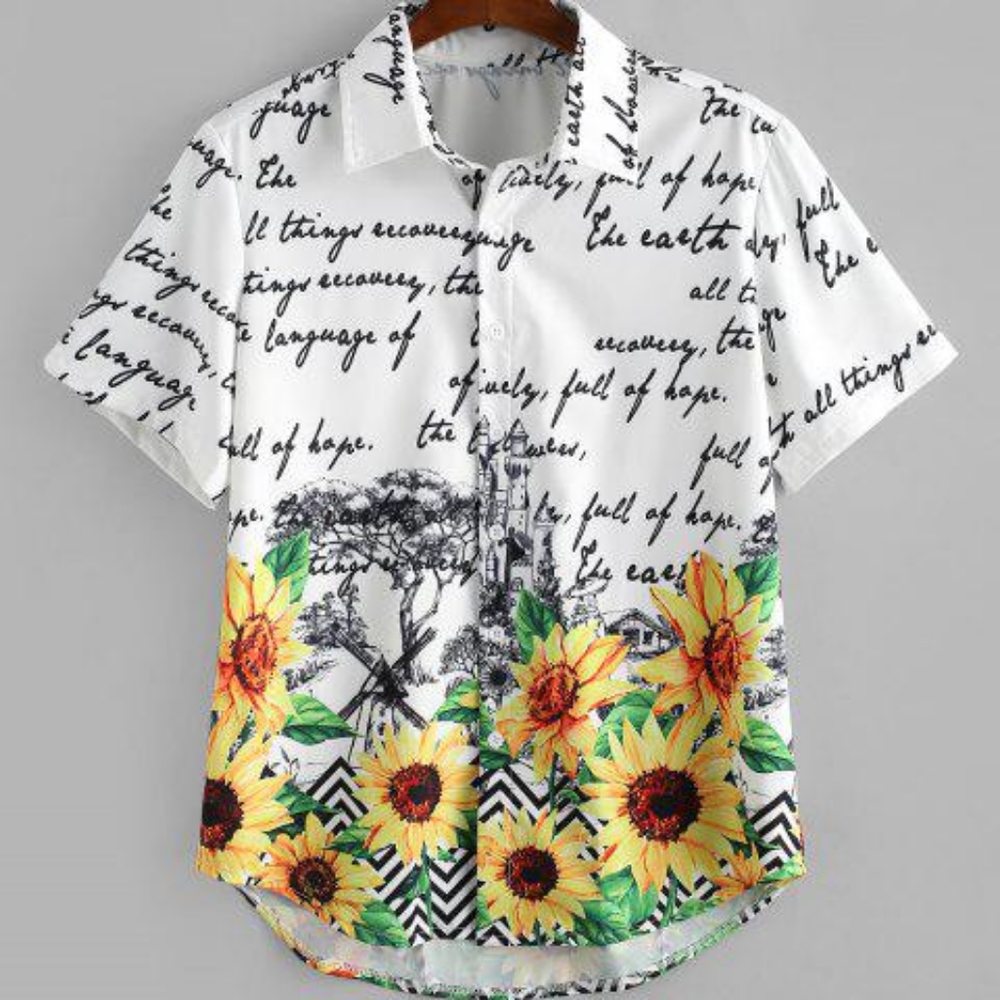 Sunflower Letter Print Button Up Lounge Shirt - M